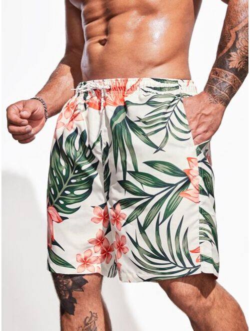 Extended Sizes Men Tropical Print Drawstring Waist Swim Shorts