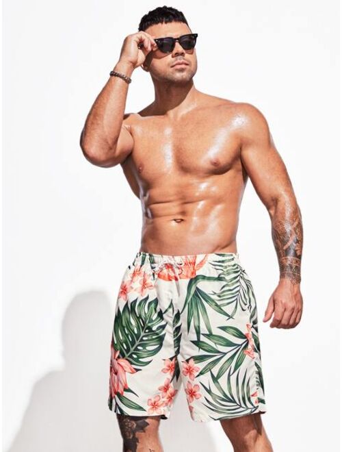 Extended Sizes Men Tropical Print Drawstring Waist Swim Shorts