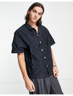 crinkle satin skater shirt with contrast seam in black