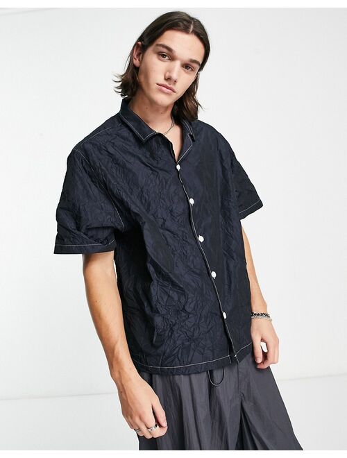 COLLUSION crinkle satin skater shirt with contrast seam in black