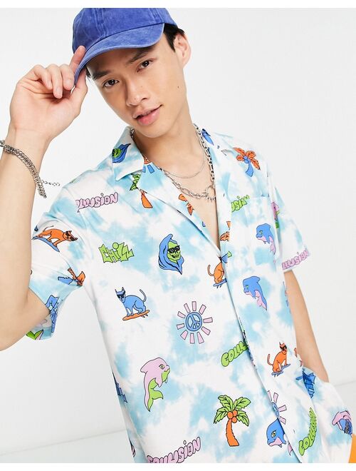 COLLUSION holiday print revere short sleeve shirt in multi