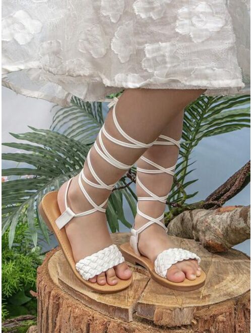 Hitmoe Shoes Girls Braided & Tie Leg Design Strappy Sandals For Outdoor