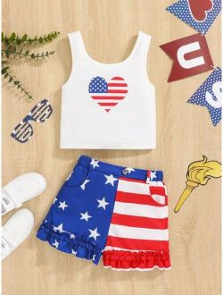 Girls American Flag Print Tank Top & Star Print Ruffle Hem Shorts