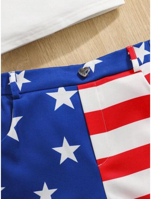 SHEIN Girls American Flag Print Tank Top & Star Print Ruffle Hem Shorts