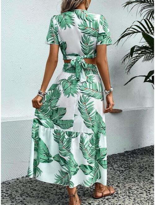 SHEIN VCAY Tropical Print Tie Back Crop Top & Ruffle Hem Skirt