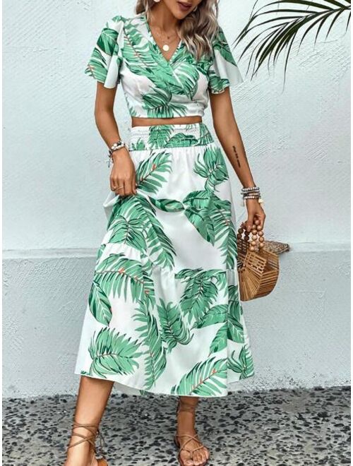 SHEIN VCAY Tropical Print Tie Back Crop Top & Ruffle Hem Skirt