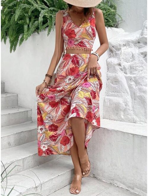 SHEIN VCAY Tropical Print Tank Top & Skirt