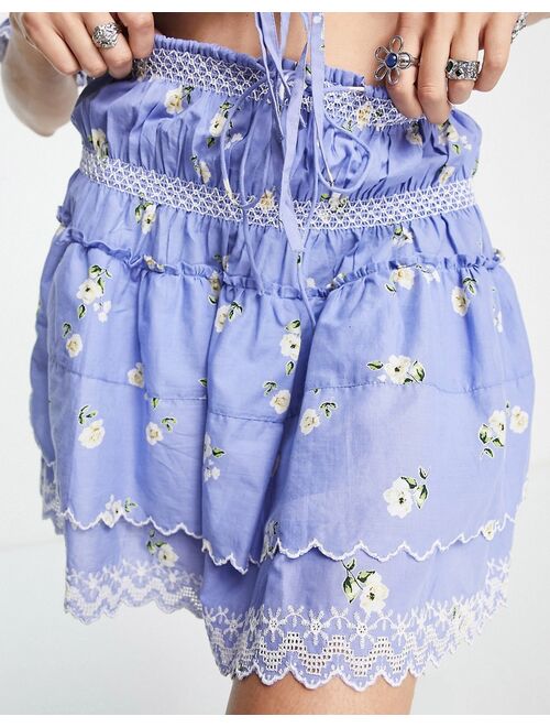 Reclaimed Vintage Inspired mini ruffle skirt in blue floral - part of a set