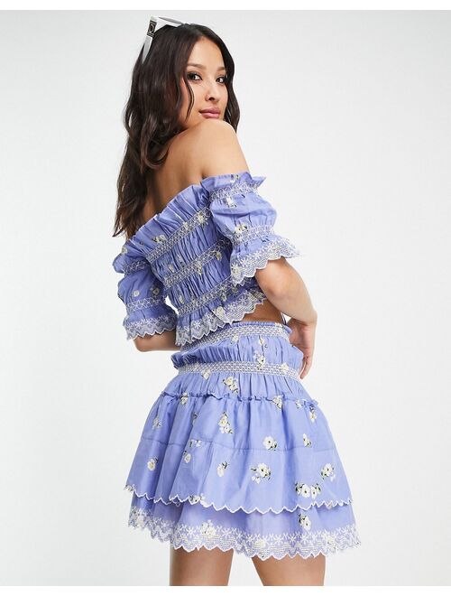 Reclaimed Vintage Inspired mini ruffle skirt in blue floral - part of a set