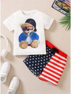 Toddler Boys Bear Print Tee & Americana Print Shorts