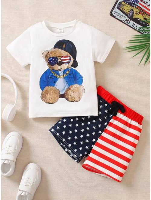 Shein Toddler Boys Bear Print Tee & Americana Print Shorts