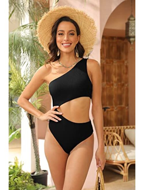 Fisoew Women's One Piece Ribbed Swimsuit One Shoulder Cutout Swimwear Sexy Bathing Suit