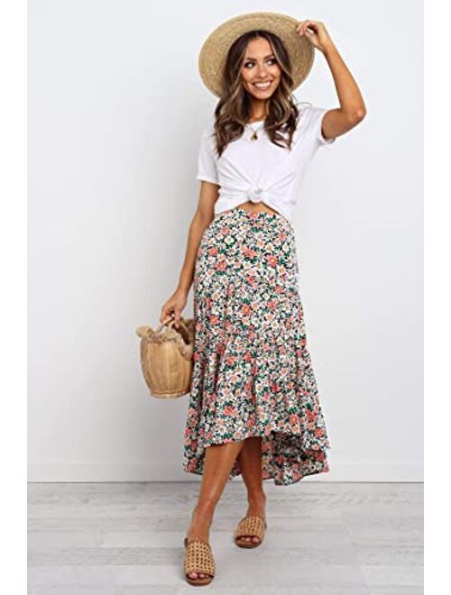 SimpleFun Women's Long Skirts Boho Floral Elastic High Waist Asymmetrical Hem Midi Skirt