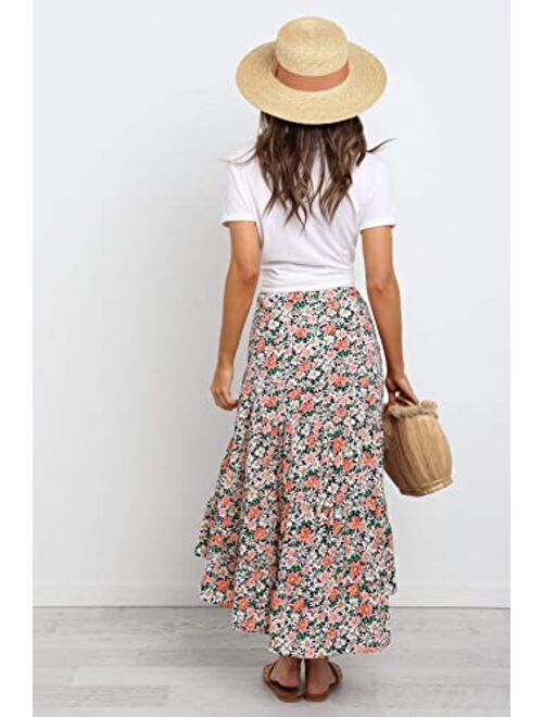 SimpleFun Women's Long Skirts Boho Floral Elastic High Waist Asymmetrical Hem Midi Skirt