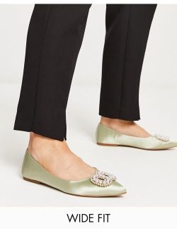 Wide Fit Lola faux pearl embellished pointed ballet flats in sage green satin
