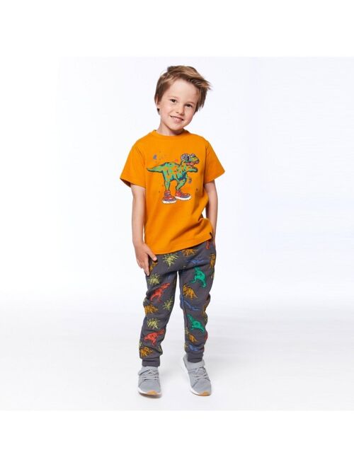 DEUX PAR DEUX Boy Printed French Terry Pant Charcoal Grey Multicolor Dinosaurs - Toddler|Child