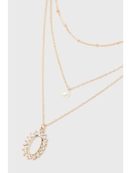 Lulus Simple Brilliance 14KT Gold Pearl Rhinestone Layered Necklace