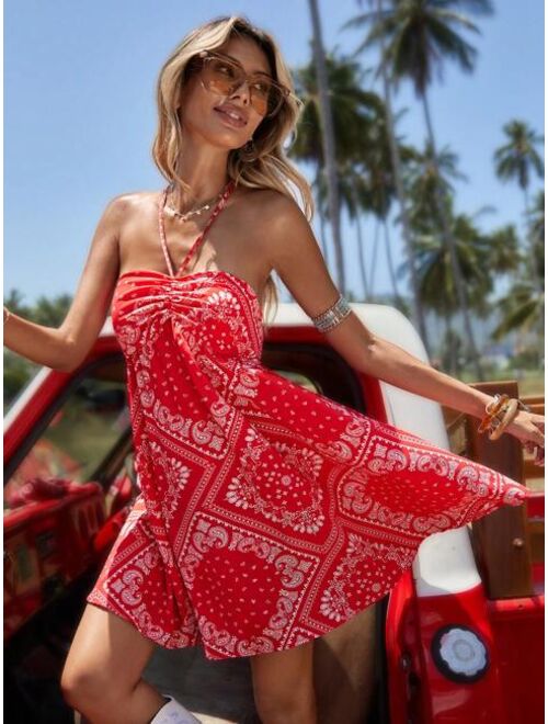 SHEIN VCAY Paisley Scarf Print Ruched Bust Tie Backless Halter Dress