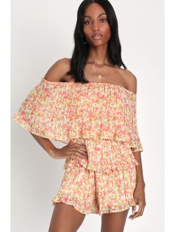 Gala Ready Peach Multi Floral Pleated Off-The-Shoulder Romper