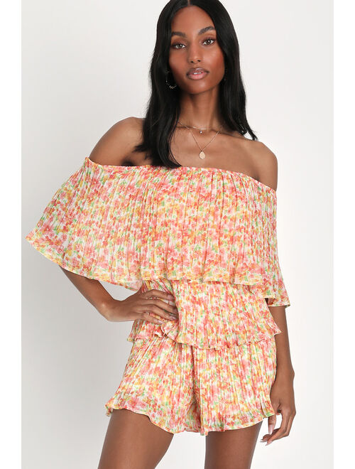 Lulus Gala Ready Peach Multi Floral Pleated Off-The-Shoulder Romper