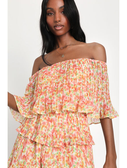 Lulus Gala Ready Peach Multi Floral Pleated Off-The-Shoulder Romper