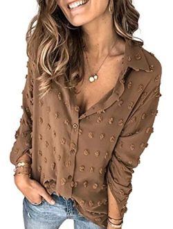 Astylish Women Pompom Button Down Shirt Casual Blouse Top