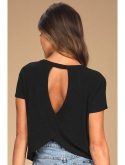 Boosted Basic Black Ribbed Cutout Short Sleeve Top