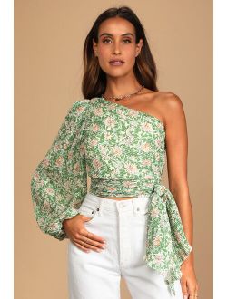 Grow Toward Love Green Floral Print Pleated One-Shoulder Top