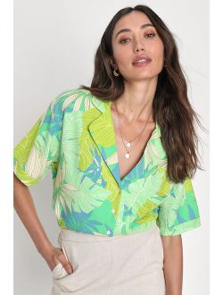 South Beach Sweetie Green Tropical Print Linen Button-Up Top