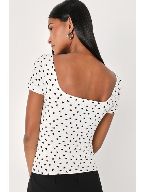 Lulus Best Love White Heart Print Square Neck Short Sleeve Top