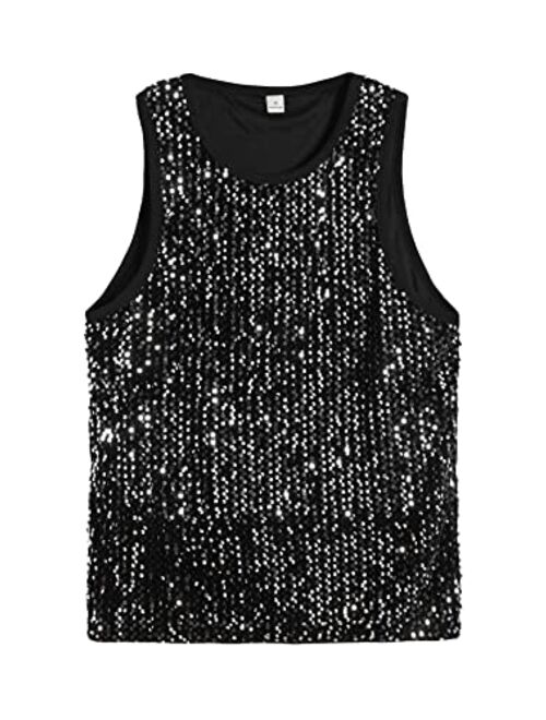 WDIRARA Men's Sequin Sleeveless Round Neck Tank Top T Shirt Party Top