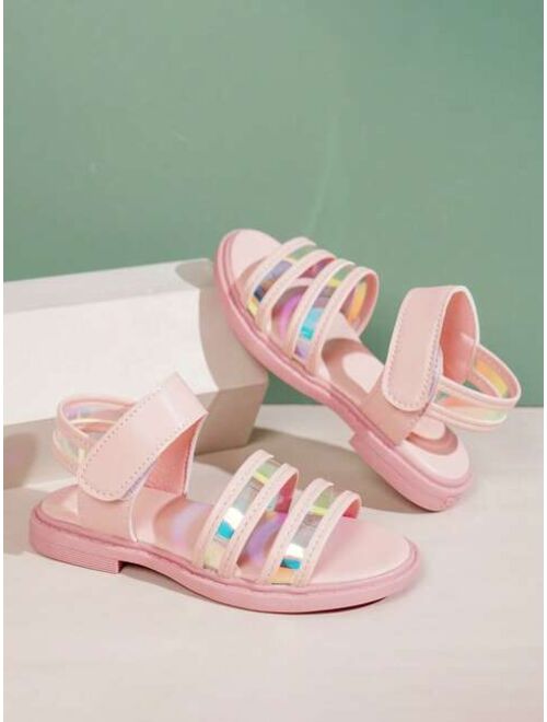 Shein Girls Holographic Hook-and-loop Fastener Anti-slip Funky Ankle Strap Sandals For Summer