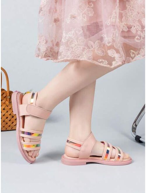 Shein Girls Holographic Hook-and-loop Fastener Anti-slip Funky Ankle Strap Sandals For Summer