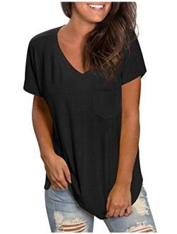 WEESO Womens V Neck Short Sleeve Tops Loose Fit Summer Casual T Shirts with Pocket