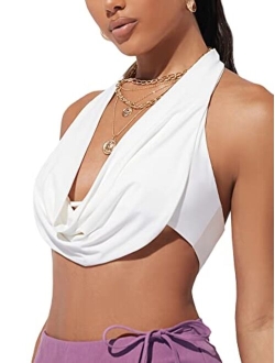 Women's Ruched Draped Neck Tie Backless Crop Halter Top