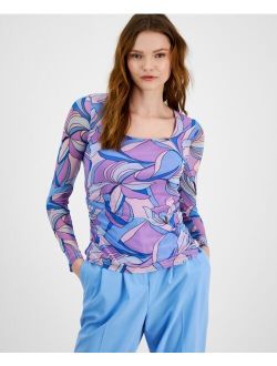 Women's Printed Ruched Square-Neck Mesh Long-Sleeve Top, Created for Macy's