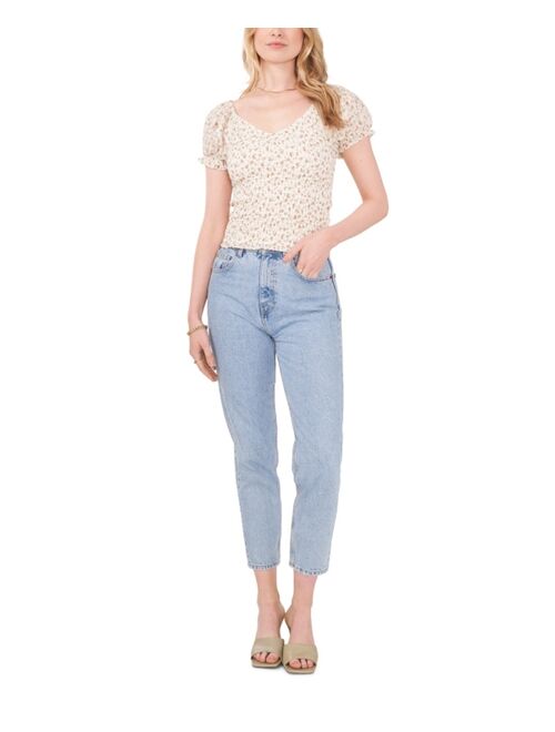 1.STATE Women's Short Puff Sleeve V-Neck Smock Top