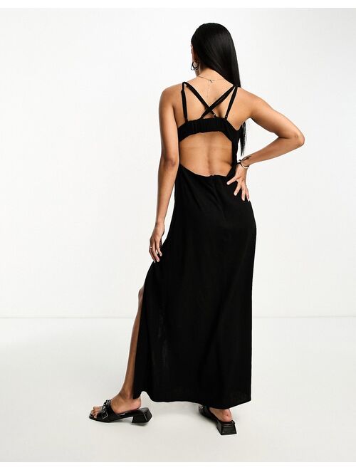 ASOS DESIGN linen cupped maxi slip sundress with cut out back in black