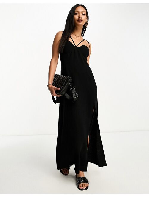 ASOS DESIGN linen cupped maxi slip sundress with cut out back in black