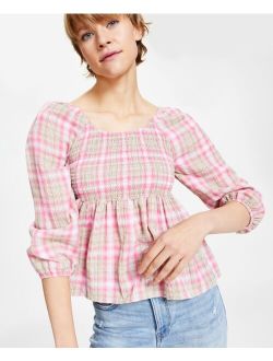 TOMMY JEANS Women's Plaid Smocked Peplum Top