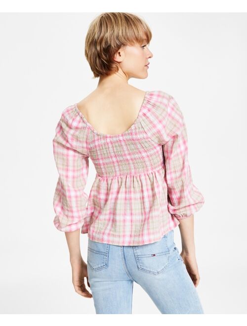 TOMMY JEANS Women's Plaid Smocked Peplum Top