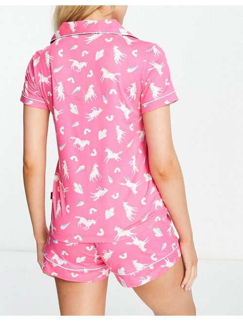 Chelsea Peers short pajama set in magenta unicorn and rainbow print