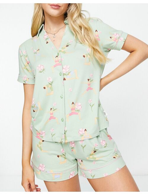 The Wellness Project x Chelsea Peers short pajama set in light green and pink yoga print
