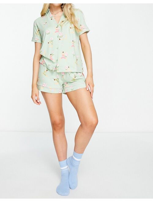 The Wellness Project x Chelsea Peers short pajama set in light green and pink yoga print
