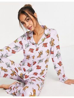 Urban Threads Tom & Jerry all over print button through pajama set in lilac