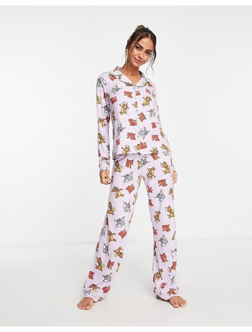 Urban Threads Tom & Jerry all over print button through pajama set in lilac