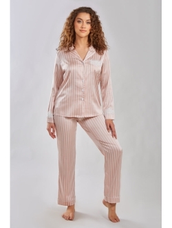 ICOLLECTION Women's Brillow Satin Striped Button Down Pajama Pant Set, 2 Piece