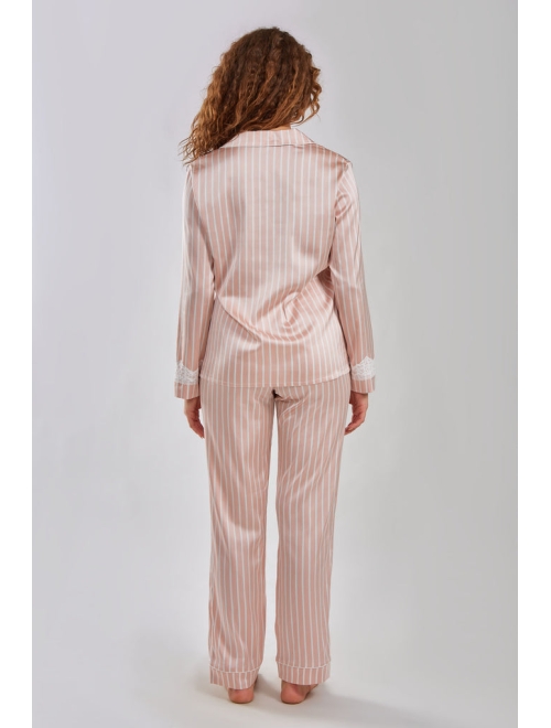 ICOLLECTION Women's Brillow Satin Striped Button Down Pajama Pant Set, 2 Piece