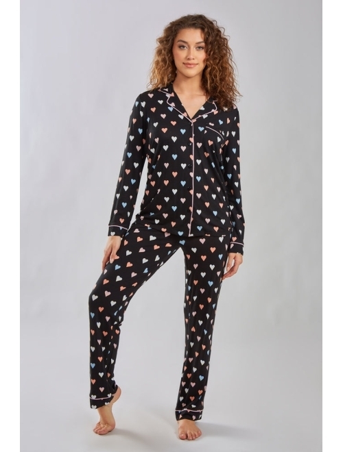 ICOLLECTION Women's Tobey Button Down Modal Pajama Pant Set with Pink Contrast Trim, 2 Piece