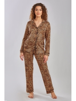 ICOLLECTION Women's Chiya Modal Leopard Pajama Pant Set with Button Down Collar, 2 Piece